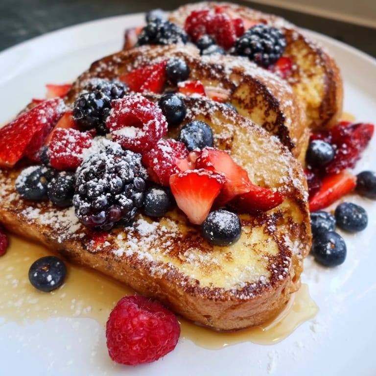 This easy French toast recipe features perfectly cooked challah bread topped with fresh, juicy berries.