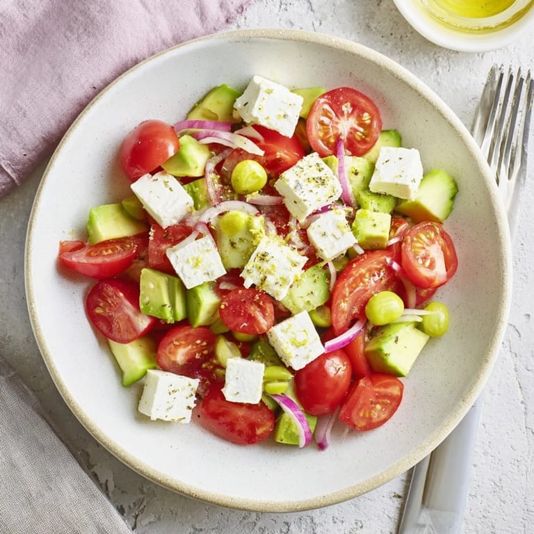 A refreshing bowl of Fresh Salad: Cucumber, Tomato, and Avocado Salad, topped with creamy feta.