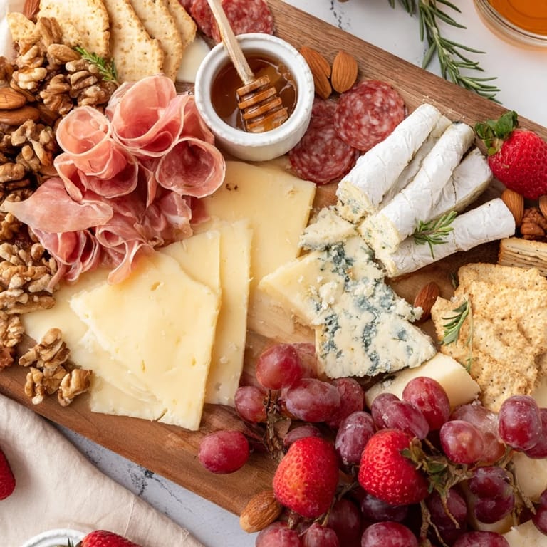 Artfully arranged The Waterfall Edge Grazing Board featuring cascading cheeses, fruits, and savory elements.