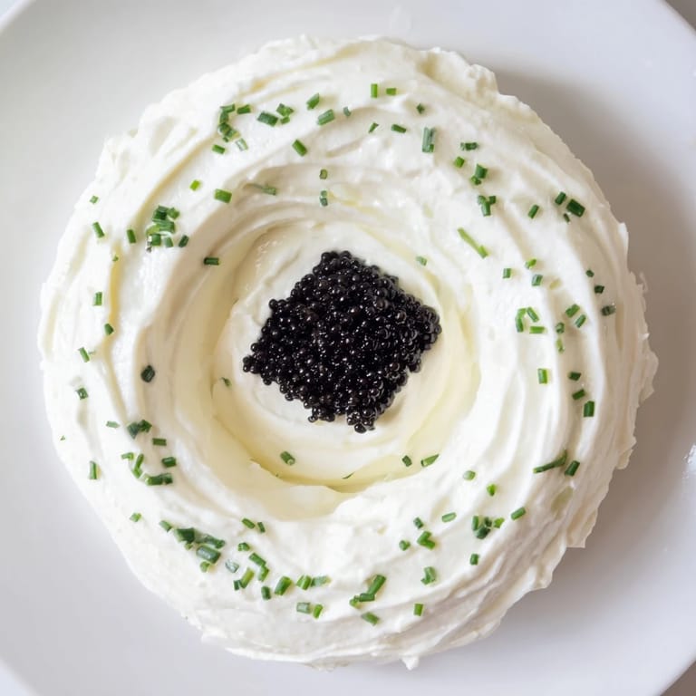 Visually stunning Diamond Inlay appetizer of caviar, ringed by creamy cream cheese, ready to delight guests.