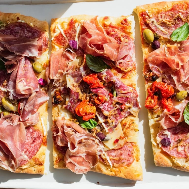 Shareable The Rustic Raft appetizer with crispy flatbreads, vibrant toppings, and a selection of delicious meats and cheeses.