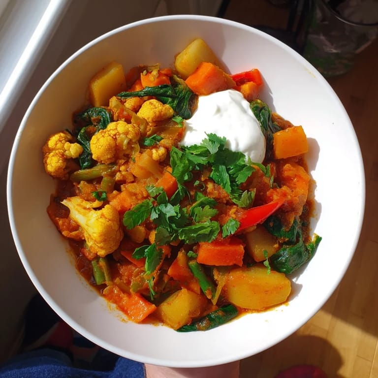 This delicious Waste-Free Vegetarian Curry displays a rich, flavorful Indian-inspired main dish ready to eat.