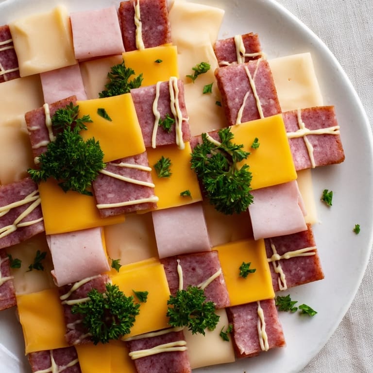 Vibrant salami, cheeses, and hams compose this delicious patchwork quilt, a visually stunning appetizer.