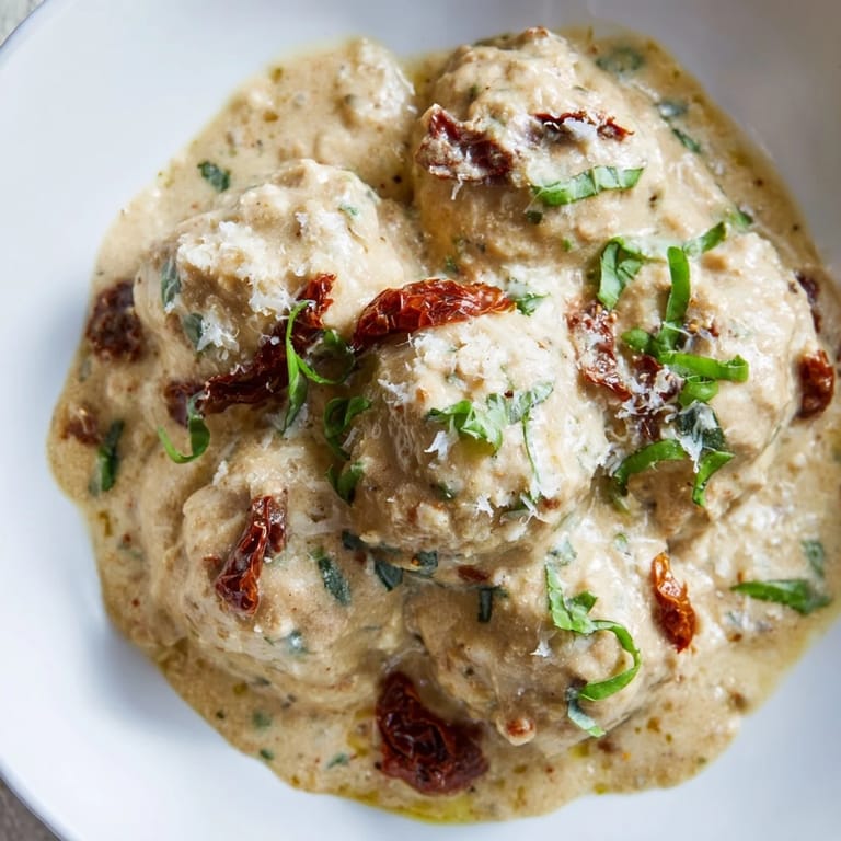 A close-up of flavorful Marry Me Chicken Meatballs, garnished with fresh basil, ready to serve.