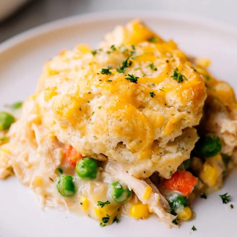 Warm, comforting Chicken Cobbler with Red Lobster biscuit topping, perfect for a cozy family dinner at home.