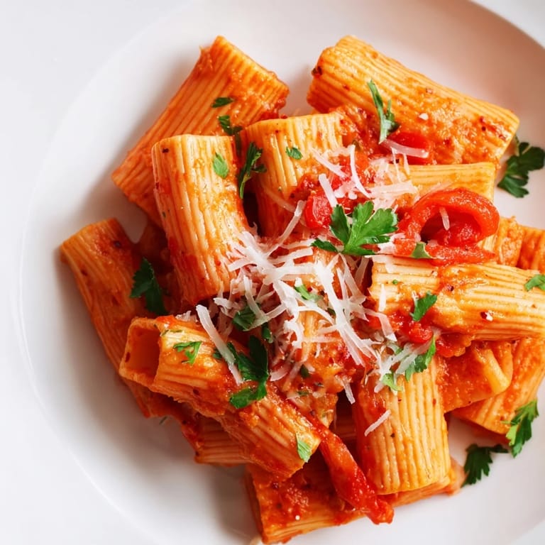 A close-up view of the rich, red hue of One-Pot Diavola Spicy Pasta, seasoned and flavorful.