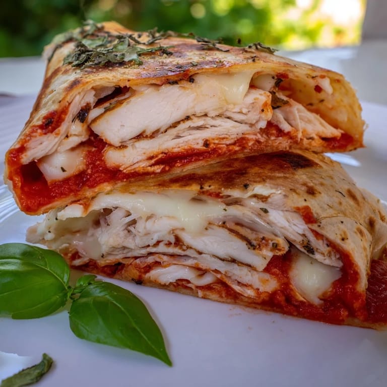 A warm Tortilla Pizza Wrap with Chicken, filled with chicken, cheese, and marinara, perfect for lunch.