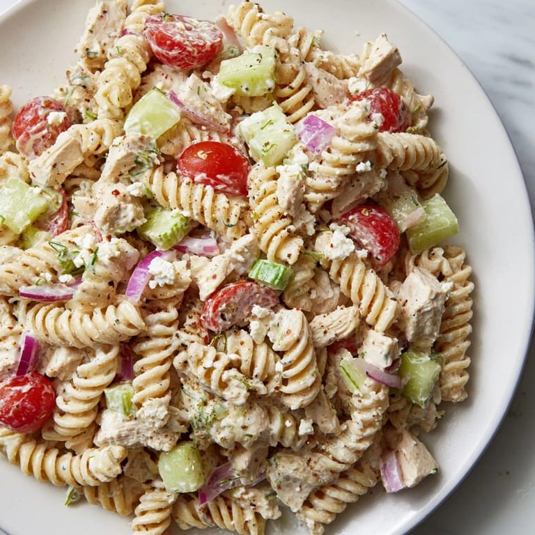 Cool, creamy Everything Bagel Chicken Pasta Salad, bursting with fresh flavors, ideal for a picnic.