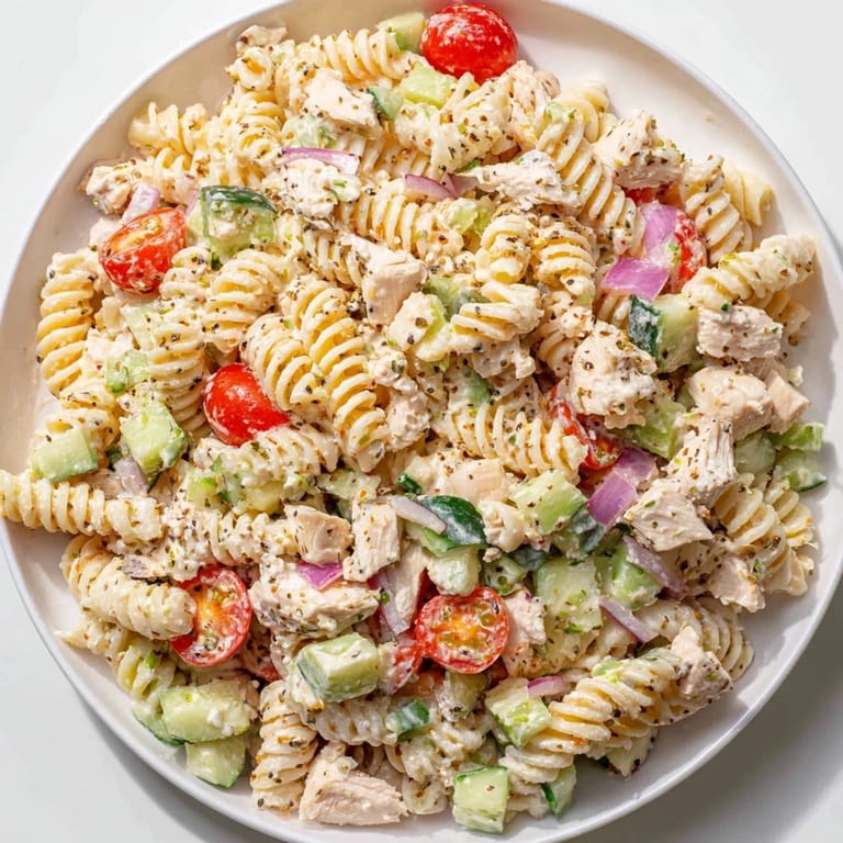Enjoy a refreshing scoop of Everything Bagel Chicken Pasta Salad with vibrant ingredients and savory seasoning.