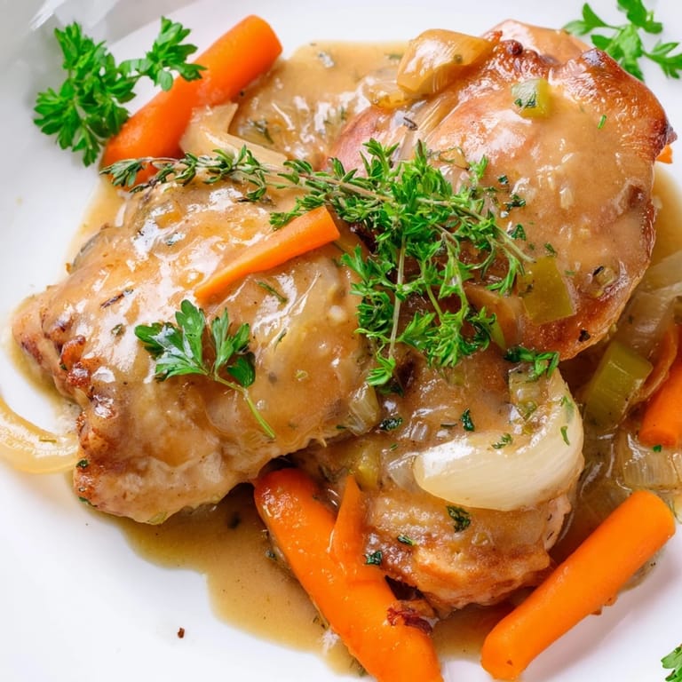 Savory and sweet Georgia Pot Roast Chicken, perfect comfort food served over creamy mashed potatoes.