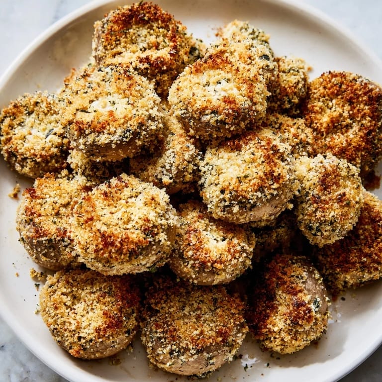 Close-up of golden Ranch-Seasoned Crispy Mushrooms; a healthier American snack alternative, ready to enjoy.