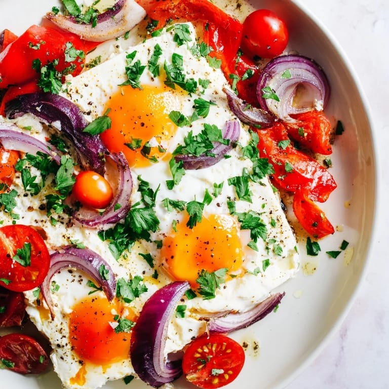 This Mediterranean Baked Feta & Eggs recipe shows golden-yolked eggs amid roasted tomatoes and feta.