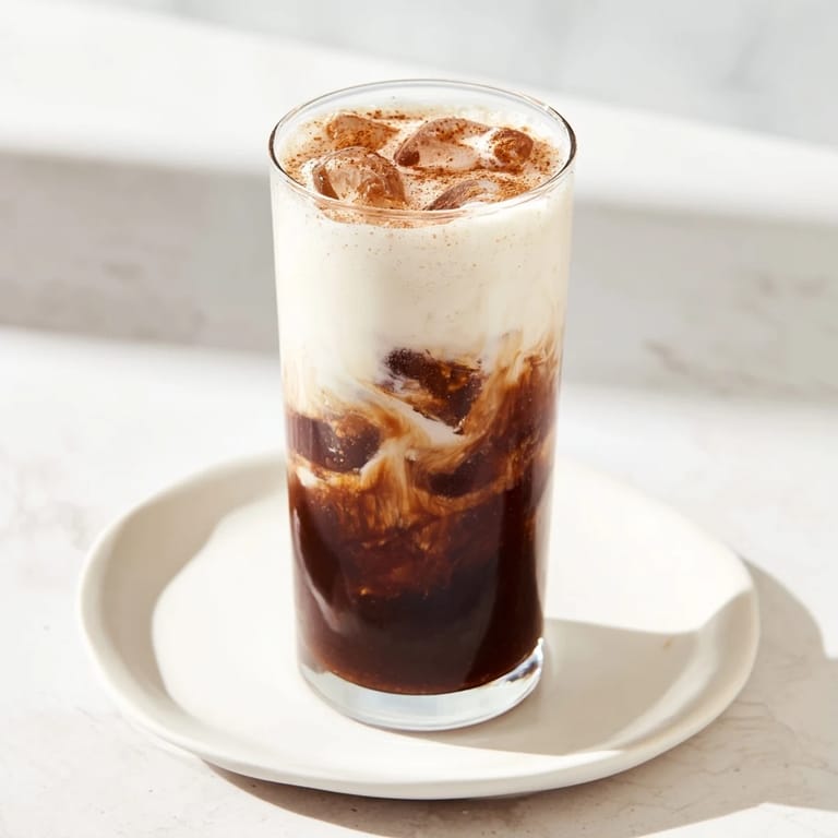 Picture of an Iced Brown Sugar Oat Latte, showcasing the rich swirl of espresso and oat milk.
