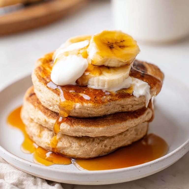 A plate of freshly cooked protein banana pancakes, served warm with visible fruit toppings.