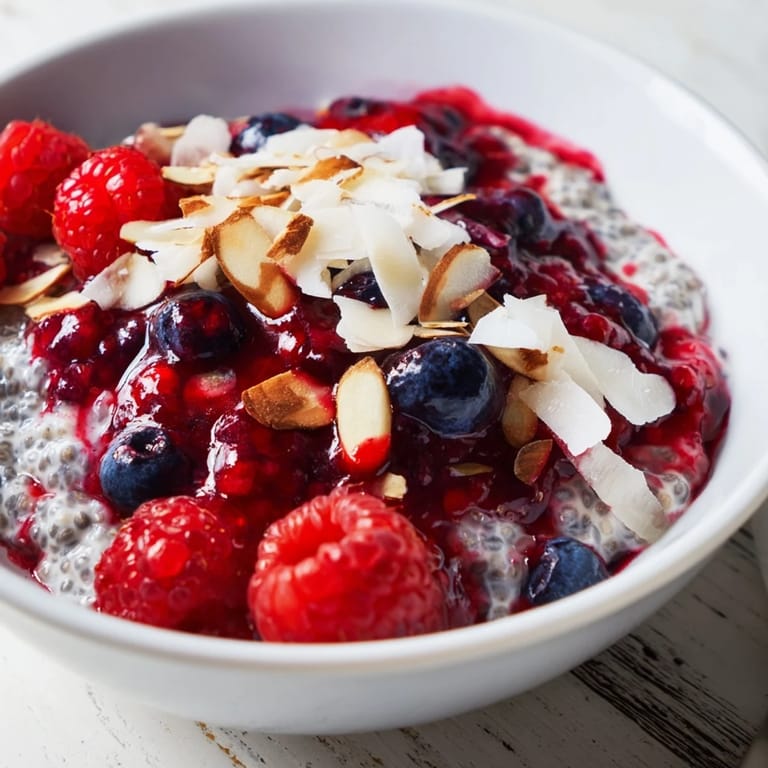 Sweet, chilled Berry Chia Pudding, topped with fresh berries and coconut flakes, ready to eat.