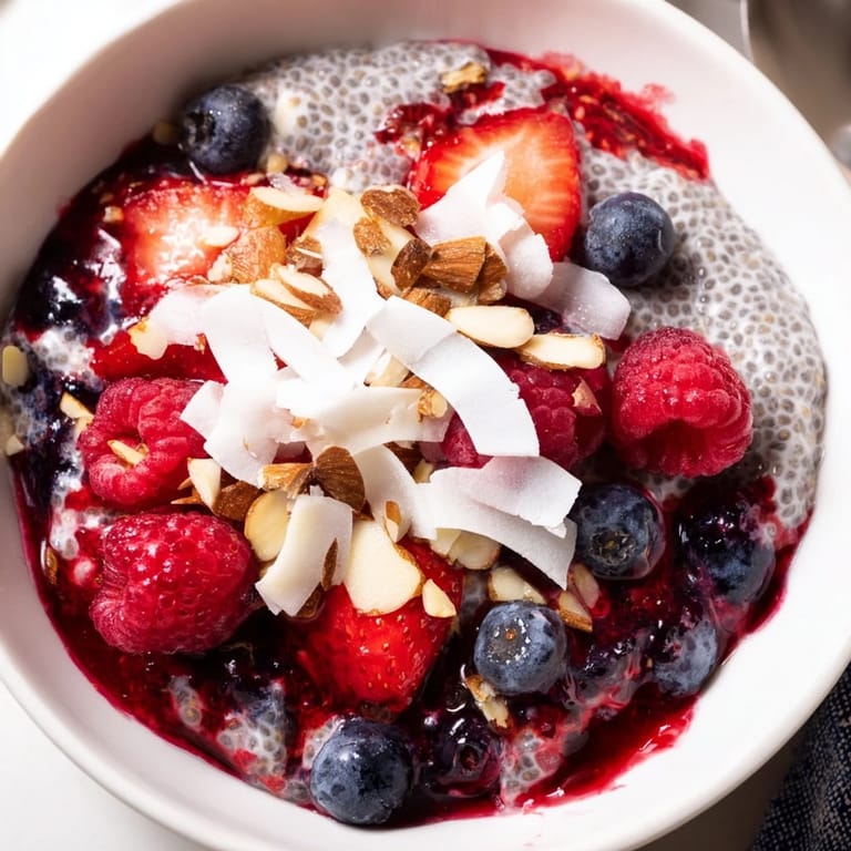 Imagine a refreshing bowl of Berry Chia Pudding with a drizzle of maple syrup and almond slices.