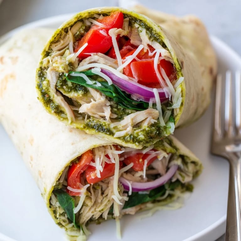 A close-up view of a delicious Pesto Chicken Wrap, highlighting the chicken, pesto, and fresh vegetables inside.