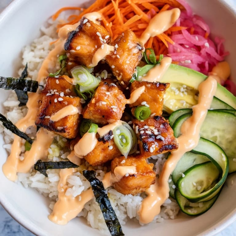 Quick and easy salmon bites bowl recipe: tender fish with rice and a creamy, flavorful sauce.