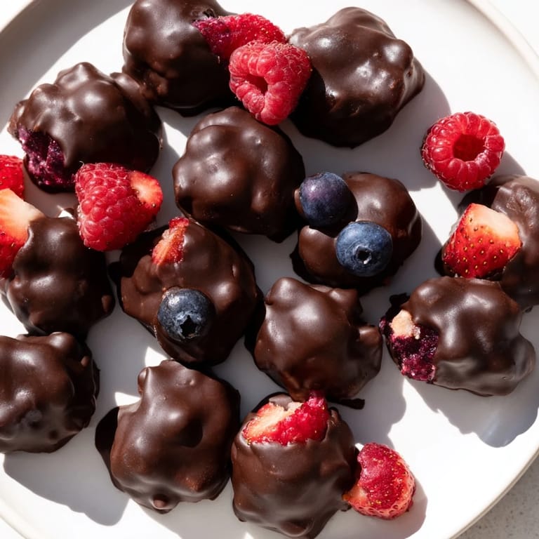 Frozen Chocolate Yogurt Clusters ready to eat; dark chocolate encases creamy yogurt and fresh berries.