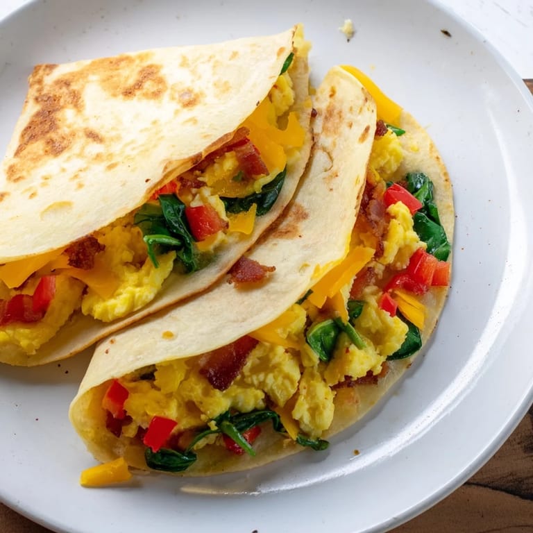 A close-up of a neatly folded Breakfast Quesadilla Hack, showcasing the layered fillings and golden tortilla.