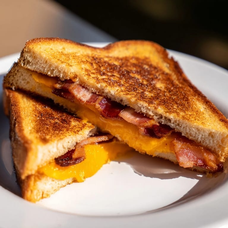 The image shows a perfectly grilled Crispy Bacon Cheddar Grilled Cheese, ready to be sliced and enjoyed for a satisfying meal.
