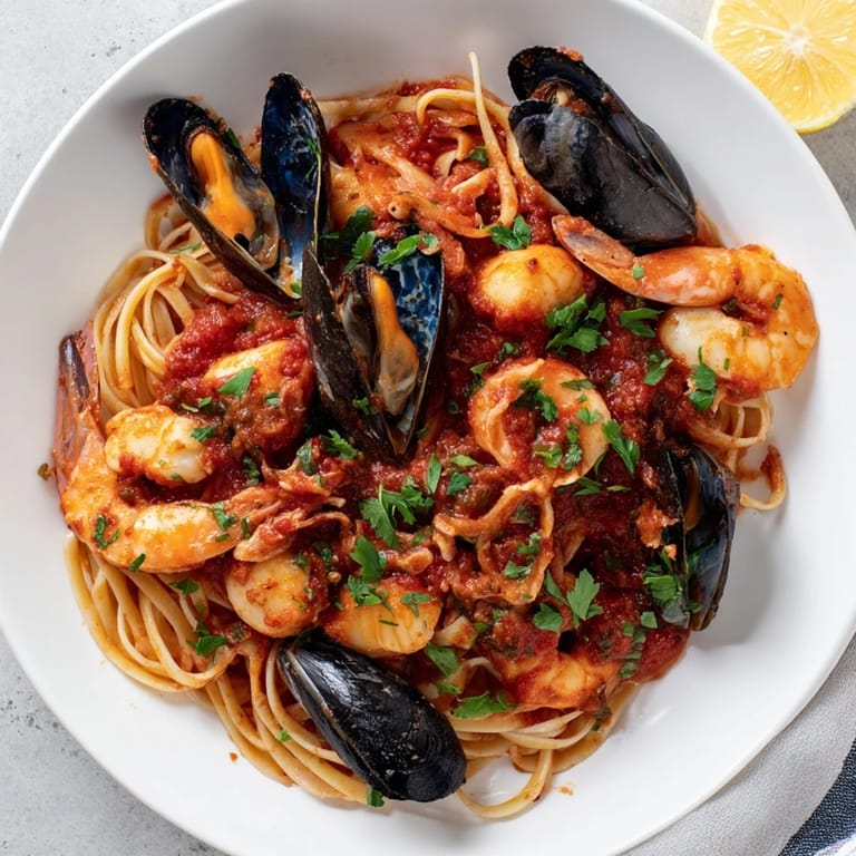 Aromatic Seafood Marinara Pasta; perfectly cooked pasta with tender shrimp and mussels, ready to serve.