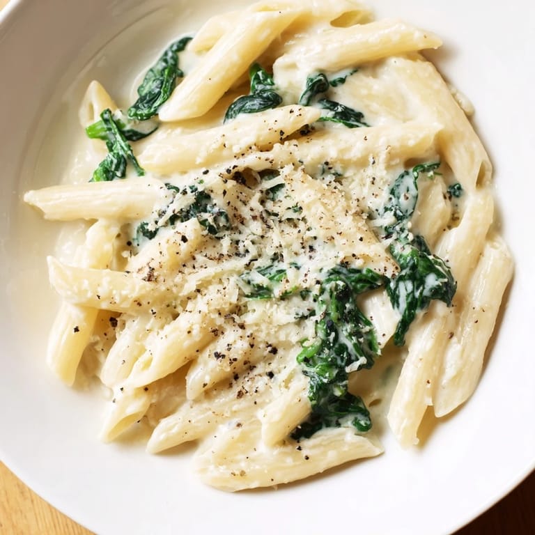 A flavorful close-up of creamy spinach pasta, beautifully plated with grated Parmesan and pepper.