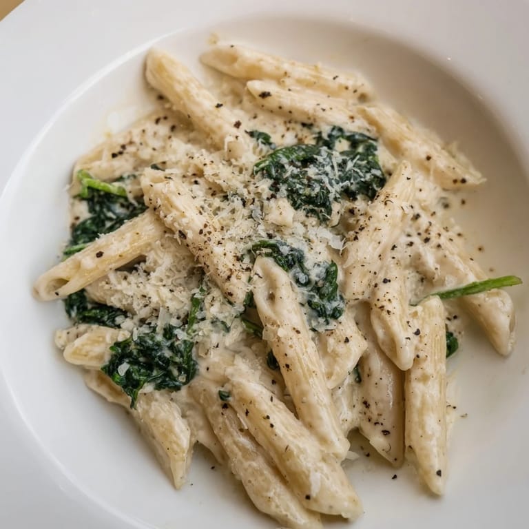Imagine the steaming creamy spinach pasta with Parmesan, ready for a delightful, satisfying meal.