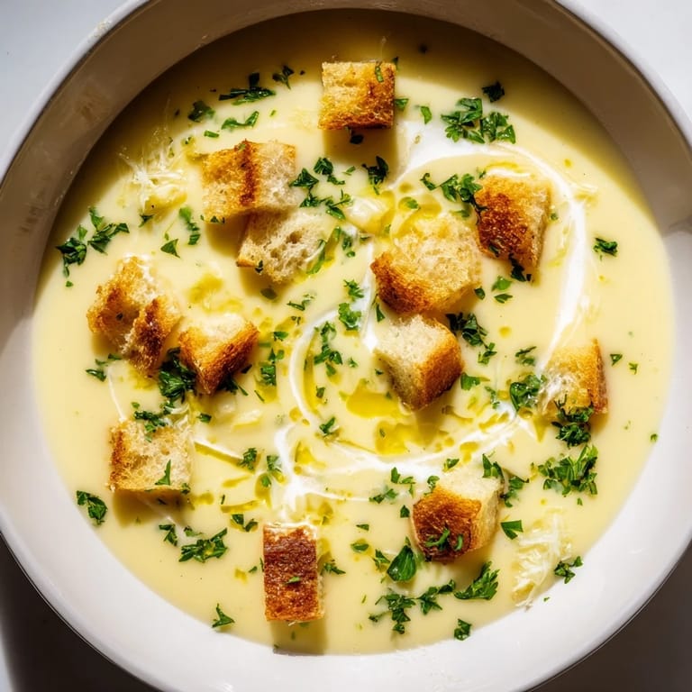 Close-up of creamy garlic bread soup: imagine the rustic bread and flavorful broth.