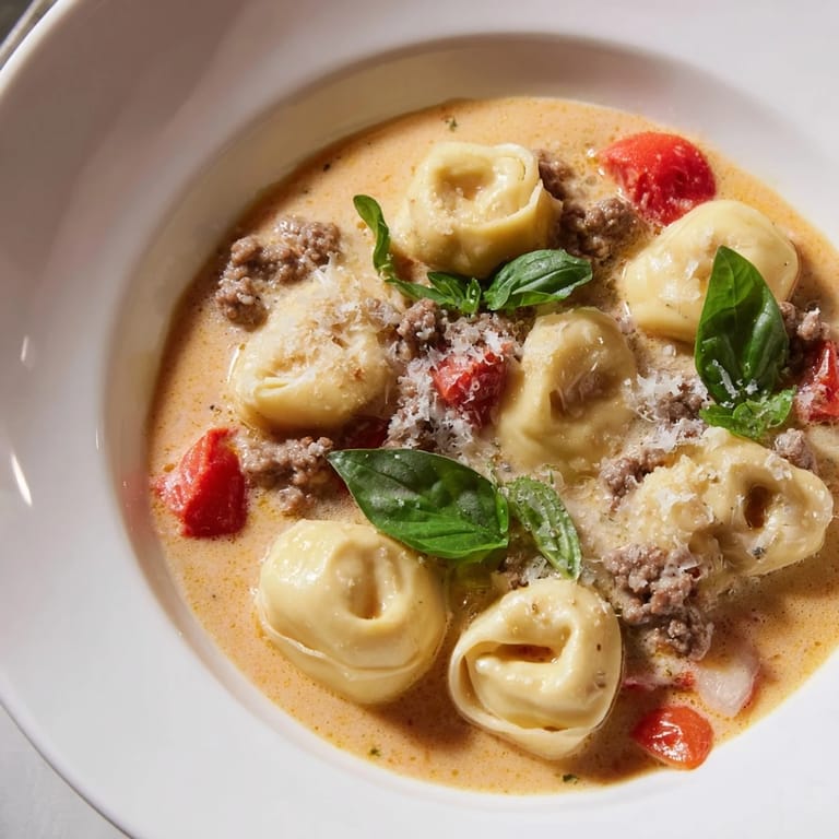 The warm, comforting aroma of Tortellini Beef Soup, with fresh basil garnish, is perfect for a chilly evening.