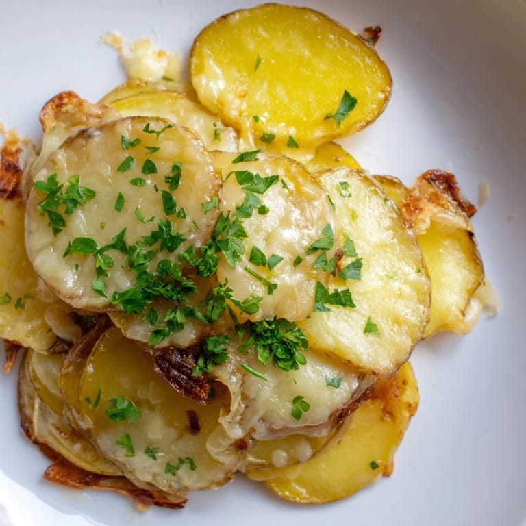 Close-up of baked French Onion Soup Potatoes with caramelized onions and bubbling cheese, ready to eat.
