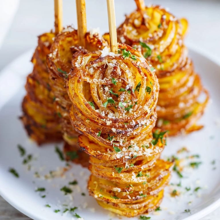 Hot, freshly baked Tornado Potatoes, perfectly crispy from the oven, ideal as a savory snack.