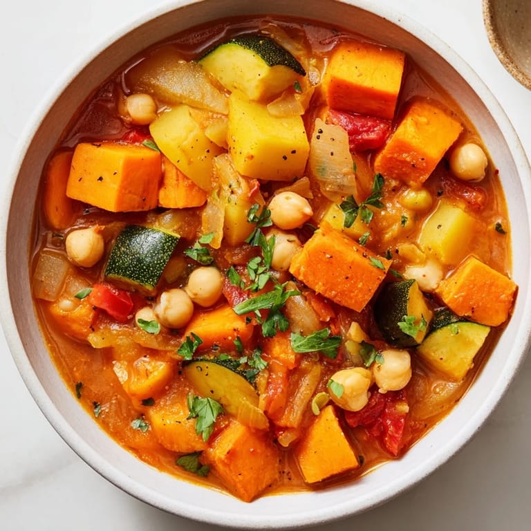 This Hearty Vegan Sweet Potato Stew features a rich, tomato-based broth, perfect for cool nights.