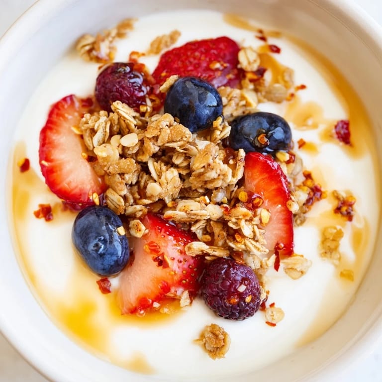 Delicious Cottage Cheese Hot Honey Bowl: creamy cheese base topped with berries, granola, drizzled with hot honey.