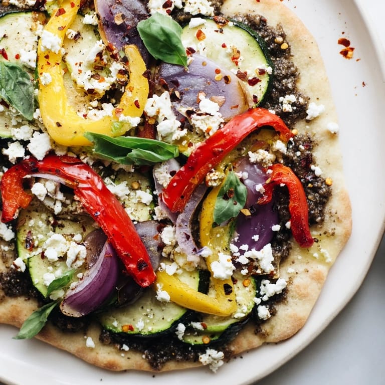 Freshly baked Naan Bread Pizza, a Mediterranean delight with vibrant vegetables and tangy olive tapenade.