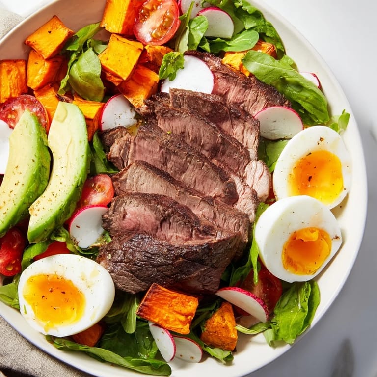 Imagine the savory High-Protein Beef Avocado Bowl: juicy beef, complemented by a perfectly cooked egg and avocado.