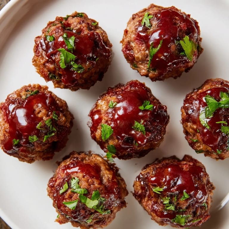 A close-up of savory mini meatloaf bites, baked to perfection with a sweet, shiny glaze over top.