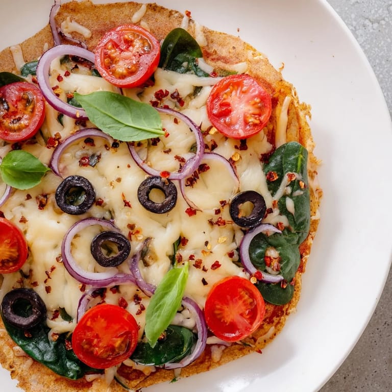 A close-up of a perfectly baked Crispy Tortilla Pizza with bubbling cheese, ready to be sliced.