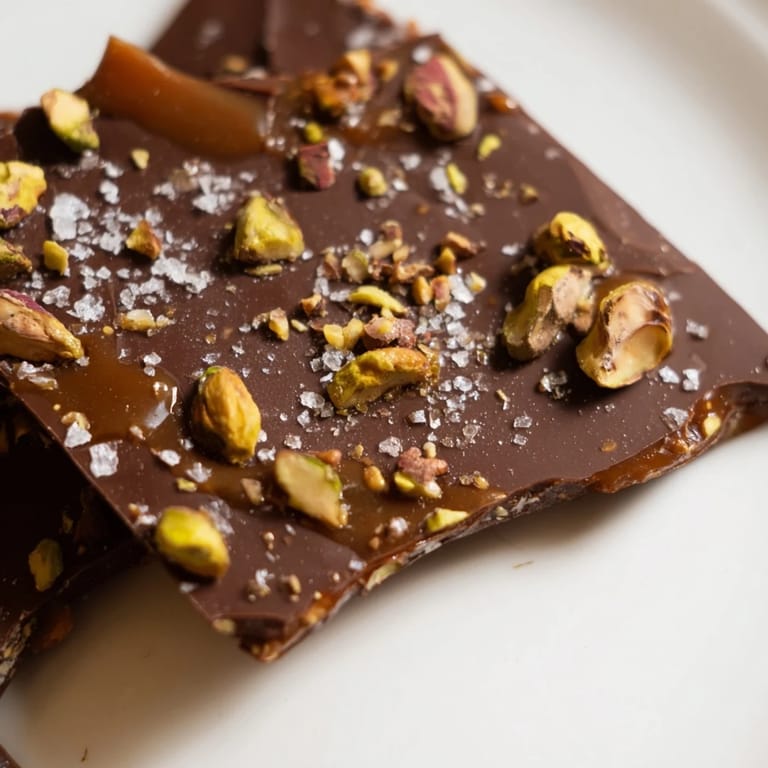 Get ready for a sweet treat: Picture the rich dark chocolate Pistachio Salted Caramel Bark, ready to break apart.