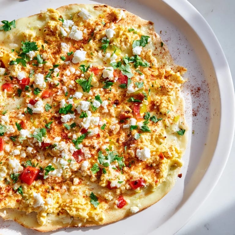 This delicious Turkish Menemen Eggs Pizza offers a beautiful mix of textures with fluffy eggs and a crisp base.
