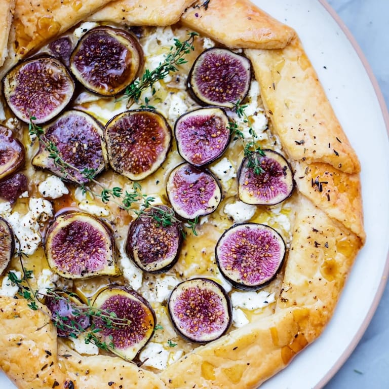 Crispy puff pastry truffle pizza with savory cheeses, fresh figs, and fragrant truffle oil.