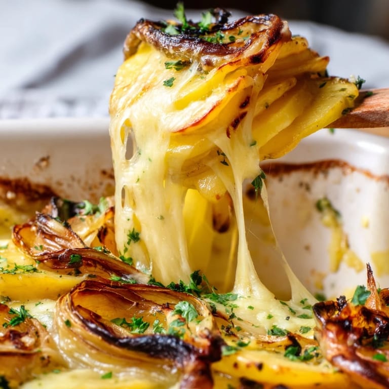 Layers of Yukon Gold potatoes, sweet caramelized onions, and bubbly Gruyère cheese create a rich French onion side dish.
