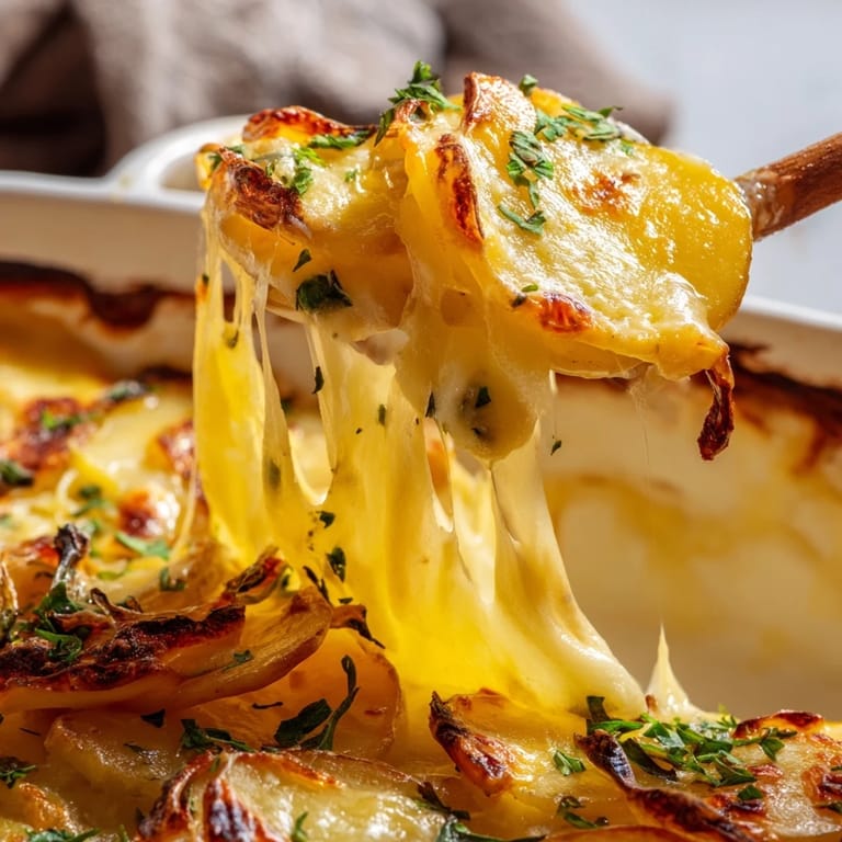 Bubbling Gruyère cheese covers golden roasted potatoes and deep caramelized onions in this French-inspired vegetarian side dish.