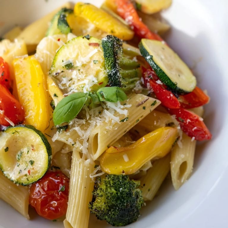 Steaming pasta primavera features al dente fusilli noodles mixed with roasted broccoli and cherry tomatoes, garnished with chopped parsley and a wedge of lemon on a rustic wooden table.