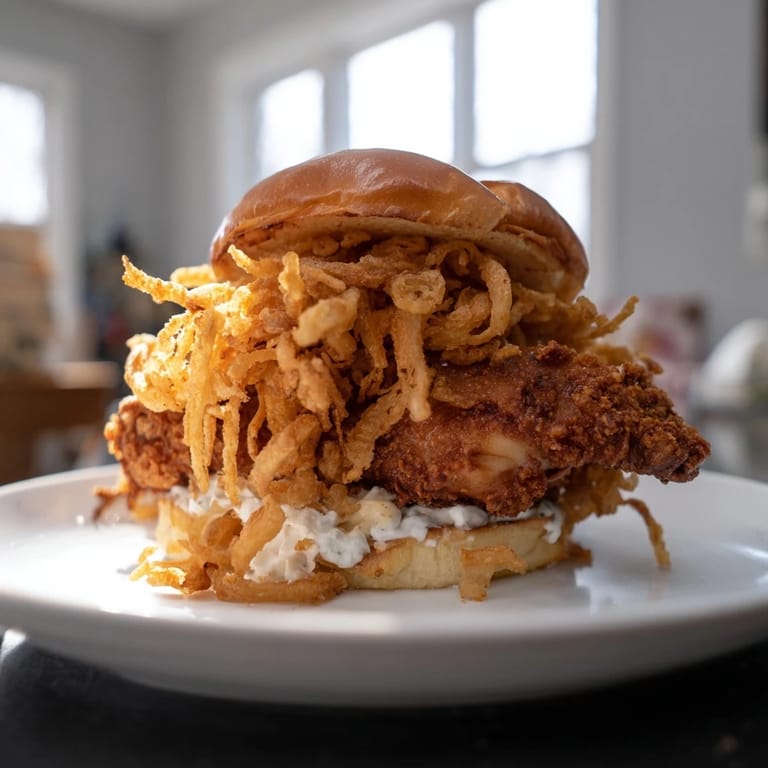Close-up of Crispy Onion Chicken Sandwich with melted aioli, crunchy onion topping, and juicy fried chicken on a toasted brioche bun.