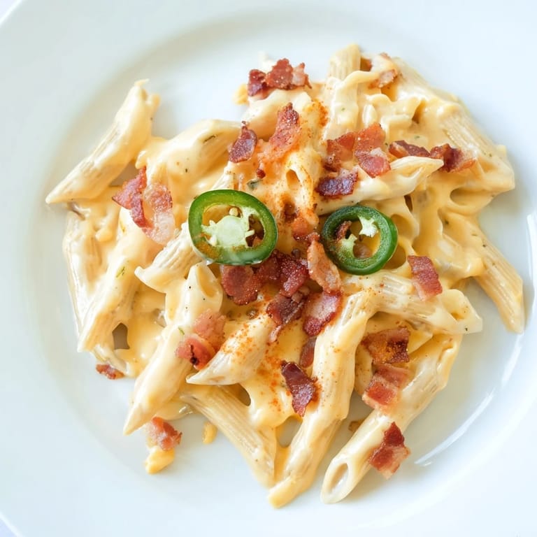 A spoon scoops into a skillet of homemade Jalapeño Popper Pasta, revealing a rich, spicy cheese sauce and bacon.