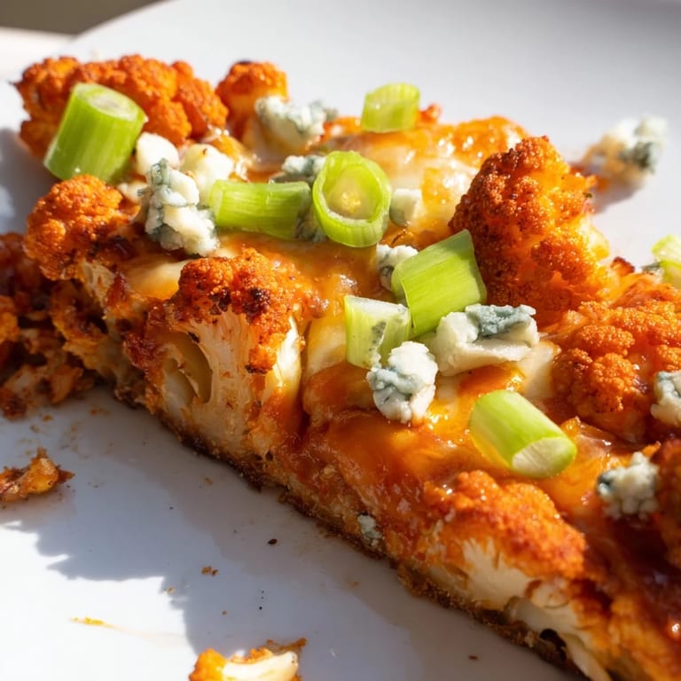 A close-up of Buffalo Cauliflower Pizza shows melted cheese and vibrant green onion slices on a golden, gluten-free cauliflower crust.  