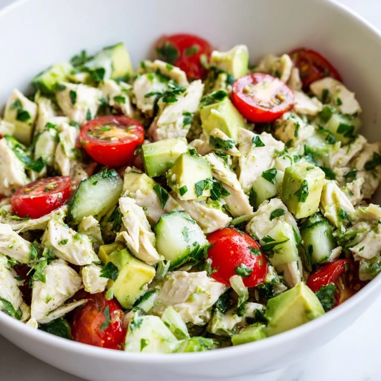 Gluten-free avocado chicken salad with creamy avocado chunks, crisp red onion, and parsley, ideal for a quick and healthy lunch.