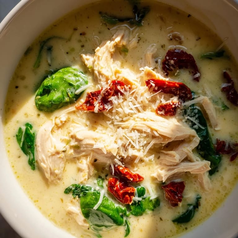 A warm, velvety bowl of Creamy Tuscan Chicken Soup garnished with fresh herbs and spinach.  