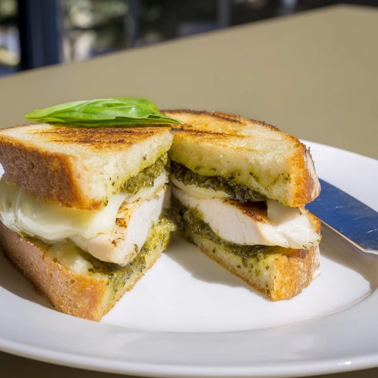 Toasted ciabatta halves stuffed with herb-seasoned chicken, creamy pesto, and bubbly melted cheese, ready to be served hot for a satisfying Italian-American lunch.